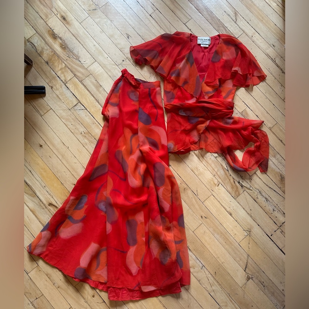 Vintage Daymor Couture Red Abstract Print Skirt & Blouse Set